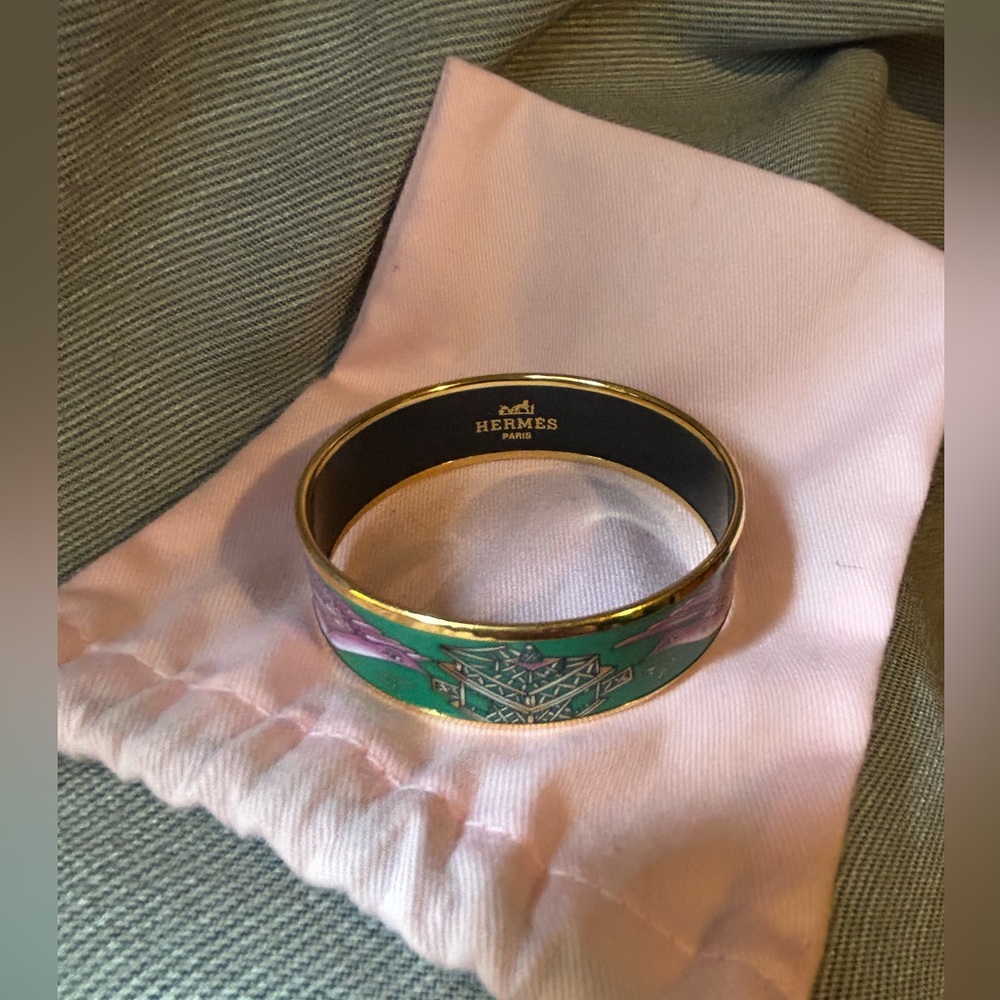 HERMES Bird Cloisonne Bangle GP Gold Green Purple